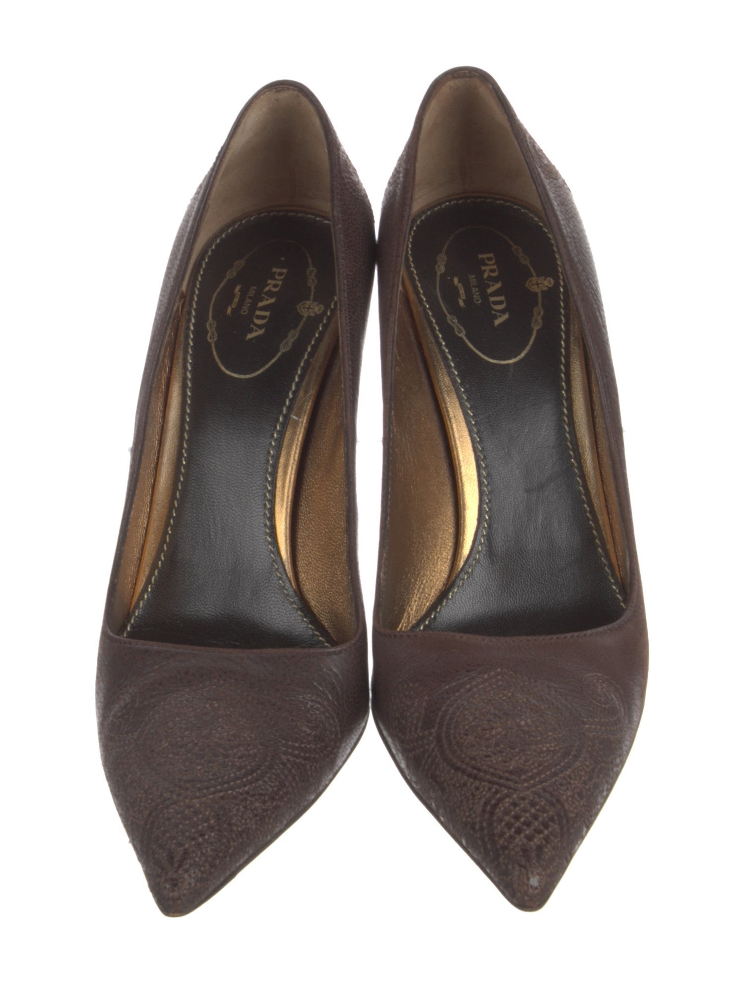 Prada Leather Embroidered Accent Pumps